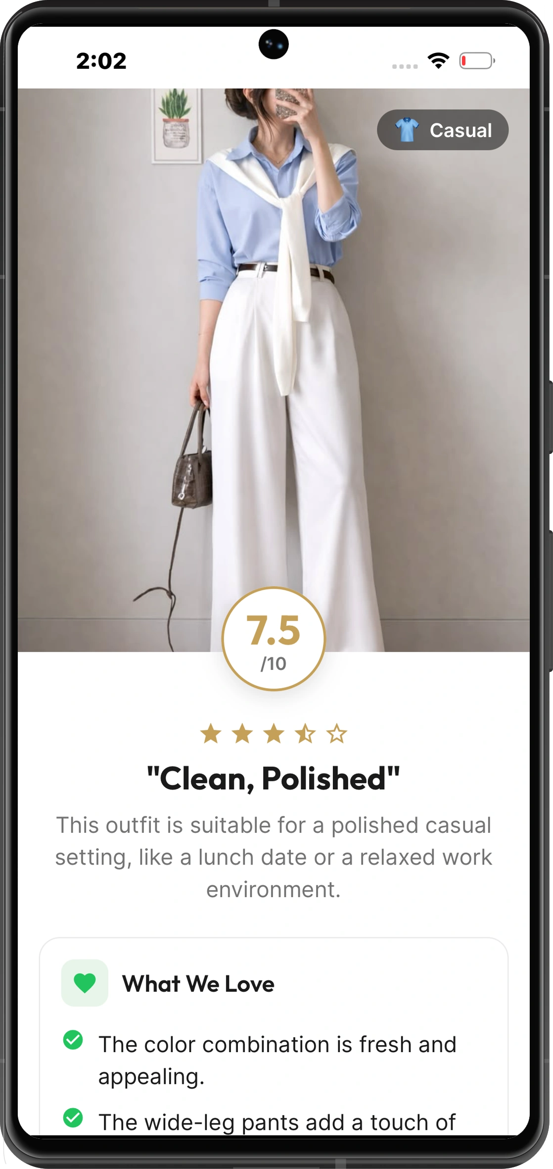Aura Fits outfit rating screen with a 7.5 out of 10 score and written style feedback